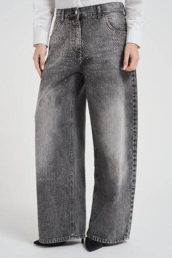 Jeans donna wide leg grigio con strass - 3