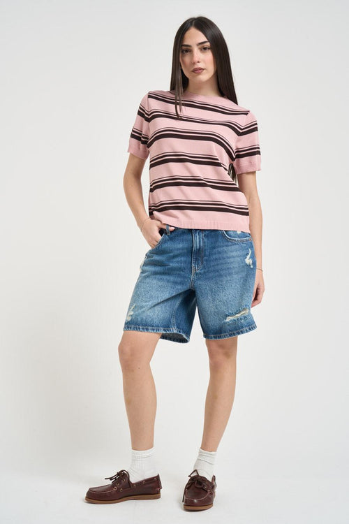 Maglia donna girocollo a righe rosa - 1