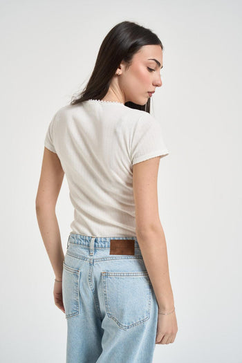 T-shirt donna a costine panna - 3