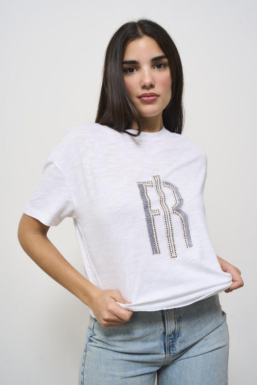 White crew neck women's t-shirt with rhinestones