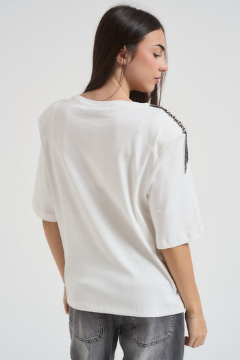 T-shirt donna girocollo bianca con strass - 3