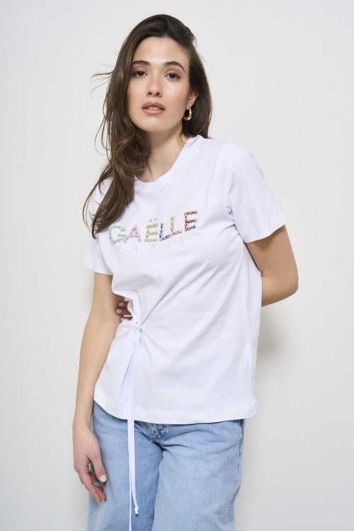 T-shirt donna bianca con strass colorati - 2