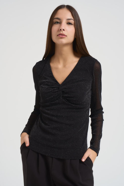Top donna scollo a V nero con glitter