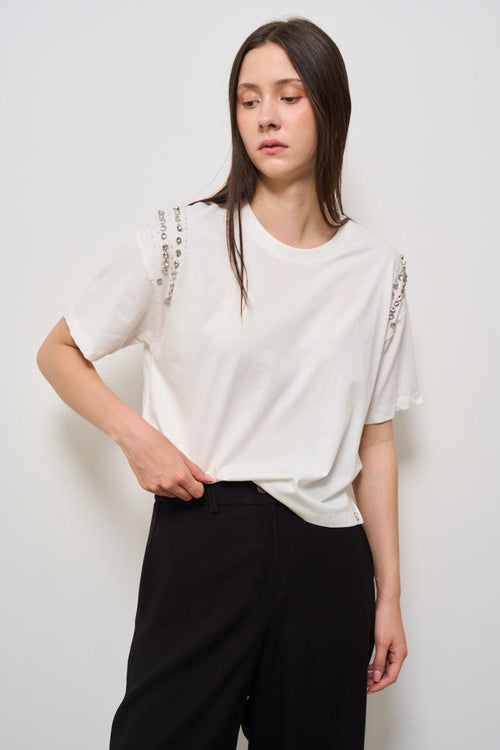T-shirt donna girocollo bianca con strass