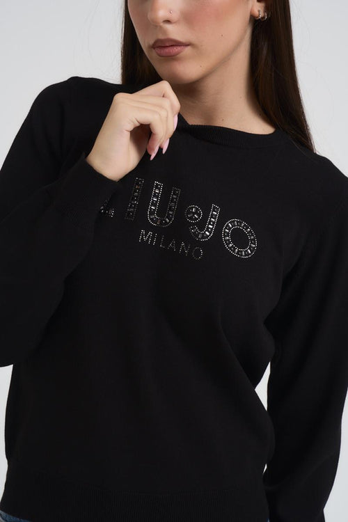 Maglia donna girocollo nera con strass - 2