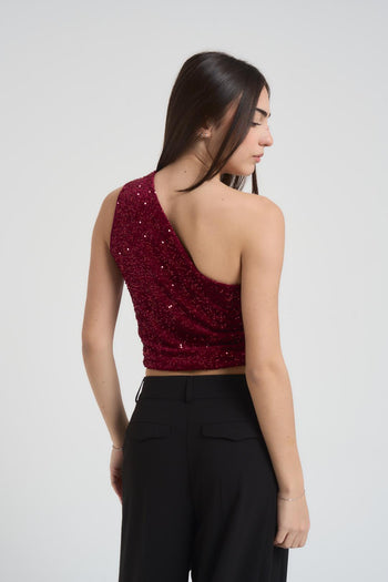 Top donna monospalla con paillettes bordeaux - 4
