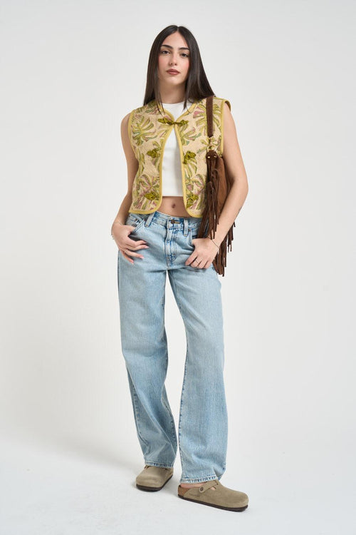 Gilet donna jacquard con motivo tropicale verde