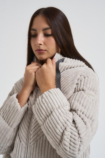 Piumino con cappuccio in velluto a coste panna donna - 4