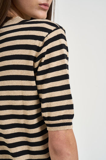 T-shirt donna in maglia a righe beige e nere - 4