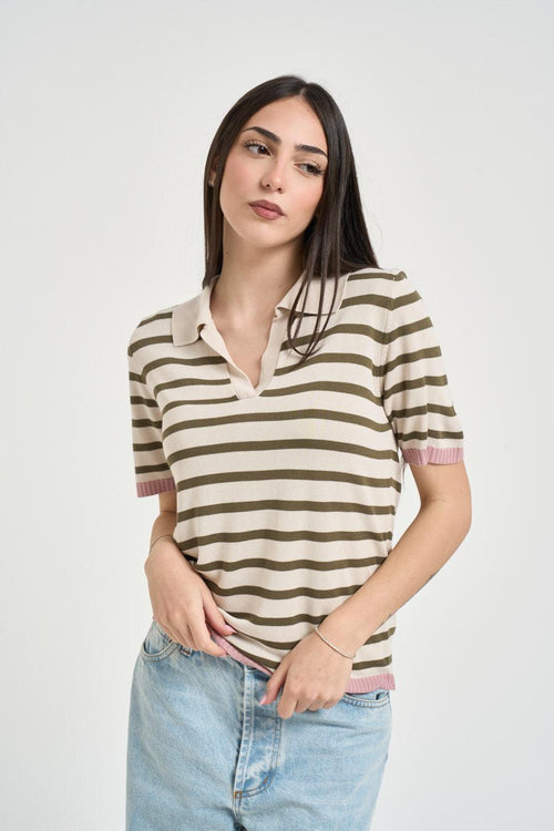 Polo donna a righe verde e panna