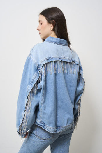 Women's denim jacket with rhinestone fringes - 6