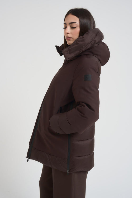 Giacca donna collo alto e cappuccio marrone - 2