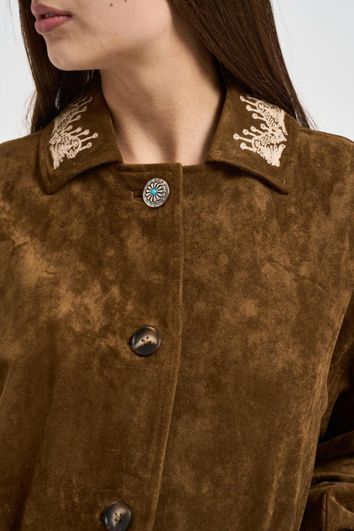 Giacca donna in suede marrone con ricami - 2