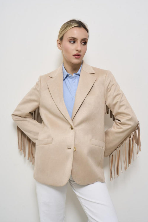 Women's beige suede jacket with fringes - 2