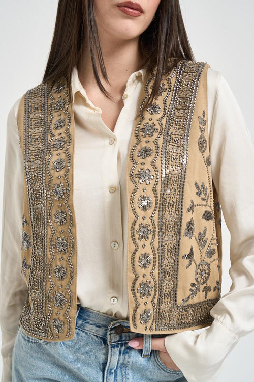 Gilet donna con ricami e perline beige - 2