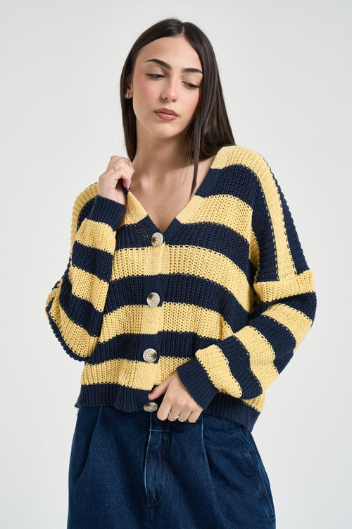 Cardigan donna a righe giallo e blu