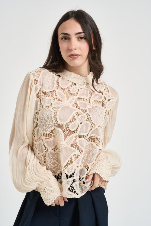Blusa donna burro con ricamo macramè floreale - 1
