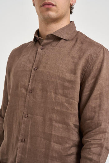 Camicia uomo in lino marrone - 3