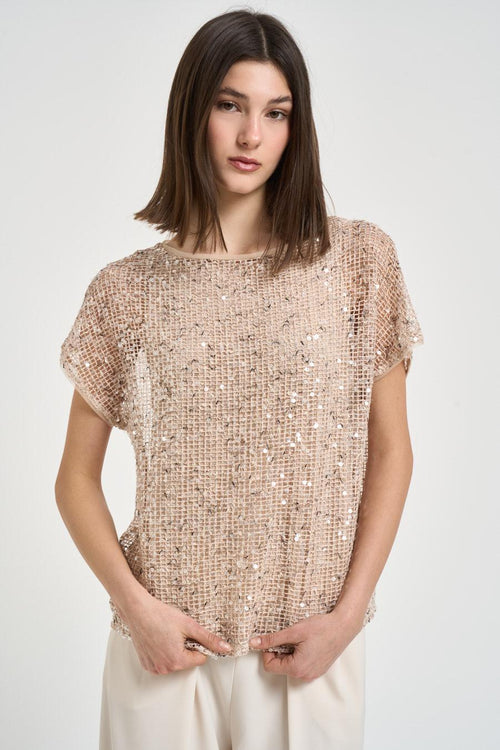 Top donna beige con paillettes