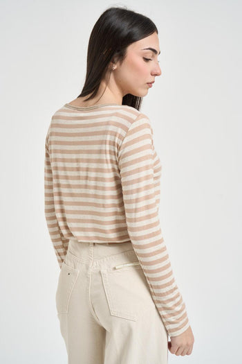 Maglia donna a righe beige e panna - 4