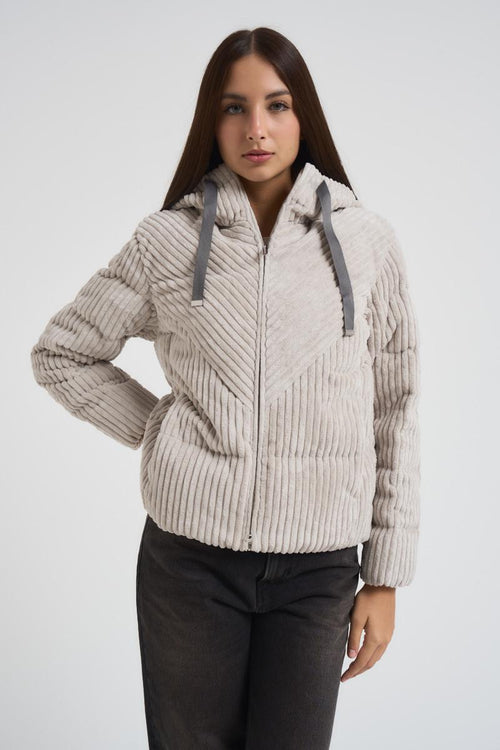 Piumino donna con cappuccio in velluto a coste panna