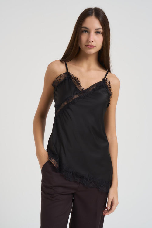 Top donna con pizzo asimmetrico nero