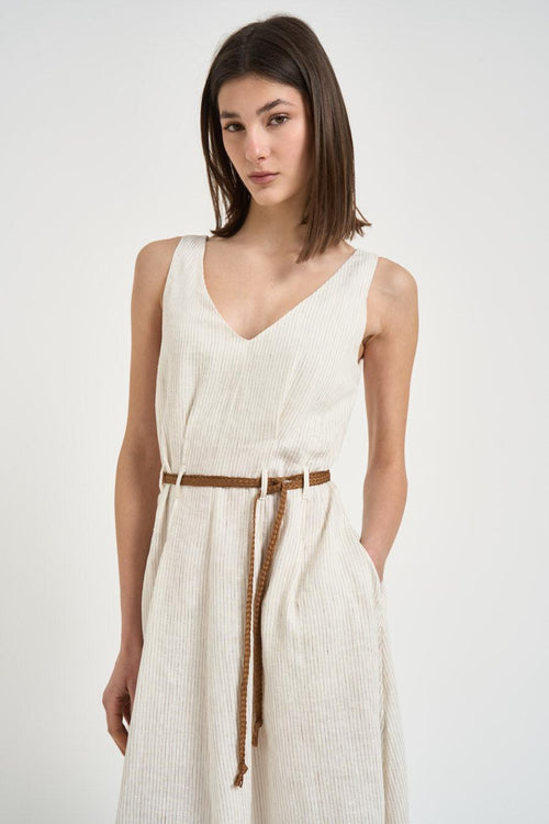 Abito donna midi in lino gessato bianco - 2