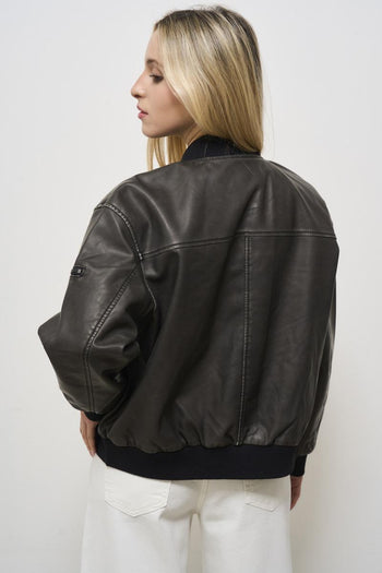 Women's black faux leather bomber jacket - 6