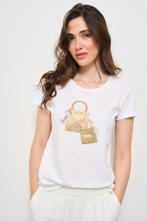 T-shirt donna girocollo con strass