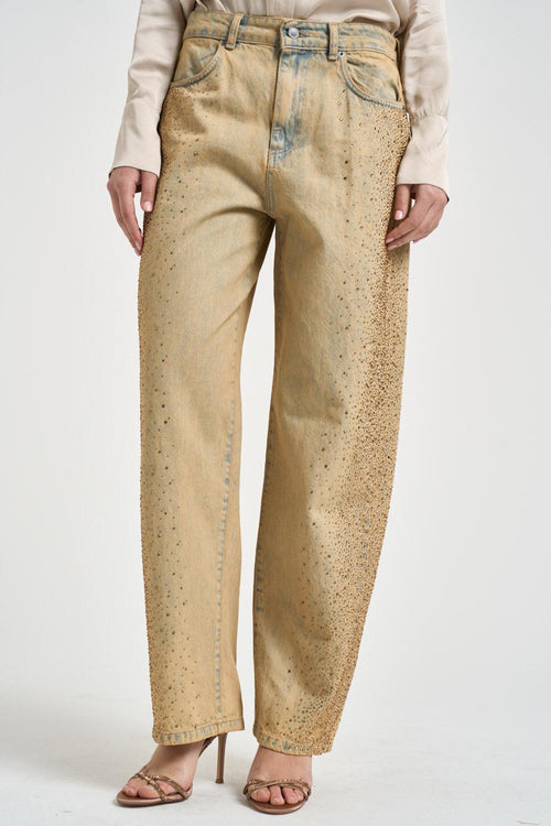 Jeans donna wide leg con strass sabbiato
