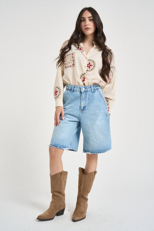 Camicia donna con ricami boho panna
