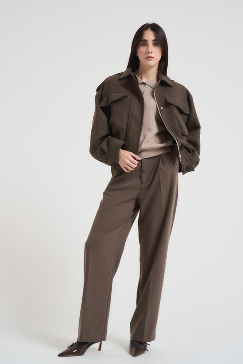 Bomber donna gessato in fresco lana marrone - 2