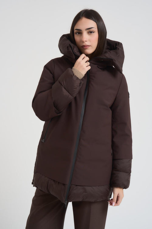 Giacca donna collo alto e cappuccio marrone