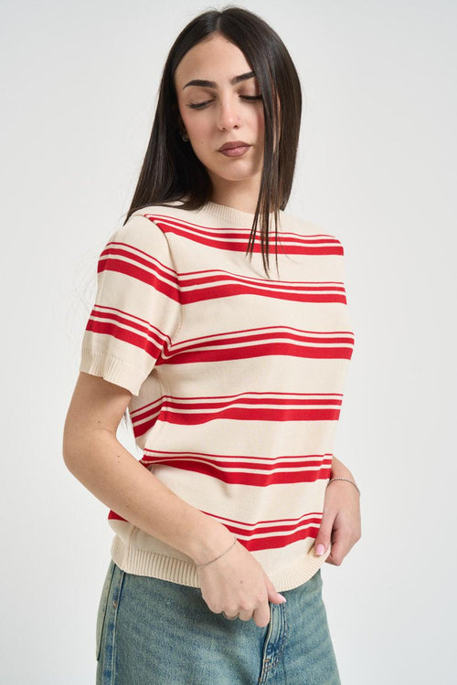 Maglia donna girocollo a righe rossa - 2