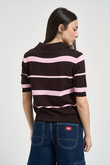 Polo donna a righe marrone e rosa - 4