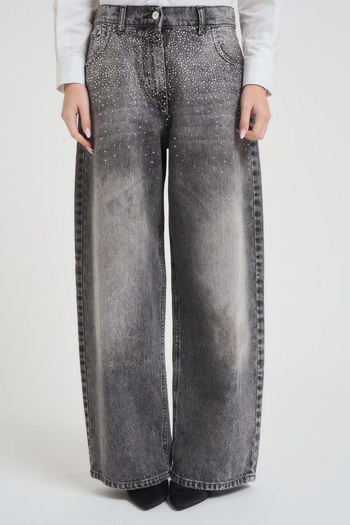 Jeans donna wide leg grigio con strass - 2