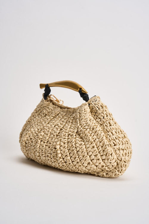 Borsa donna in rafia beige con manico oro - 2