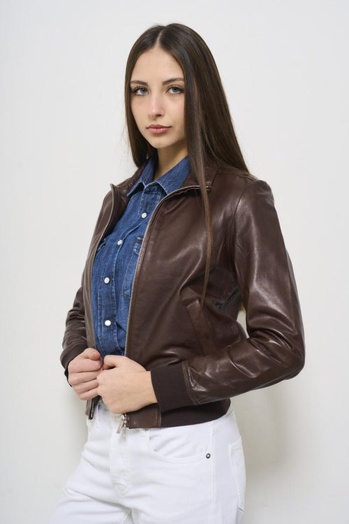 Giubbotto donna marrone in pelle - 2