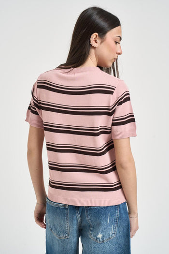 Maglia donna girocollo a righe rosa - 4