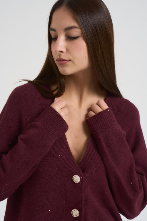 Cardigan donna scollo a V con strass bordeaux - 2