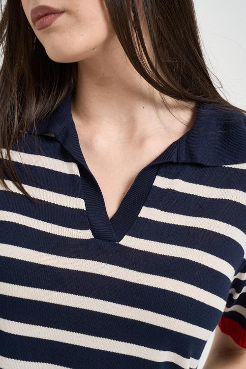 Polo donna a righe blu e panna - 2