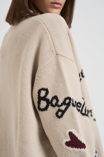 Cardigan donna beige Belgio con scritte ricamate - 6