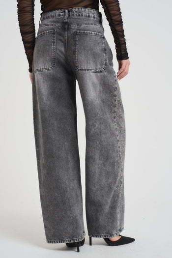 Jeans donna a palazzo in denim grigio con strass - 4