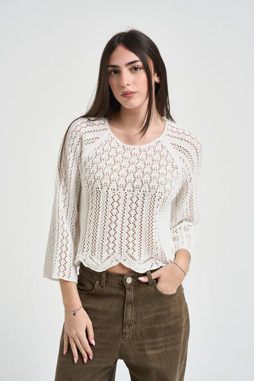 Maglia donna corta traforata bianca