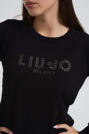 Maglia donna girocollo nera con strass - 5