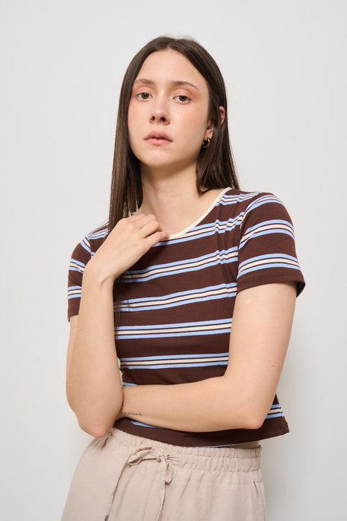 T-shirt donna girocollo a righe marroni e celeste