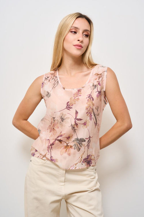 Top donna girocollo floreale rosa