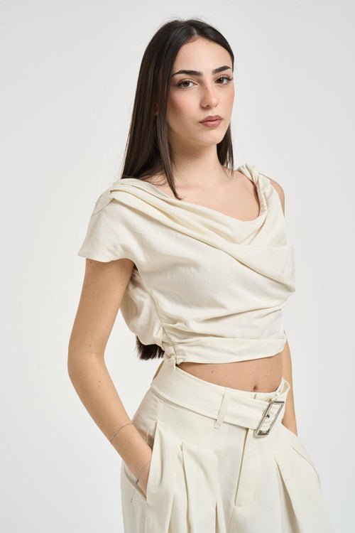 Top donna drappeggiato cropped panna - 2