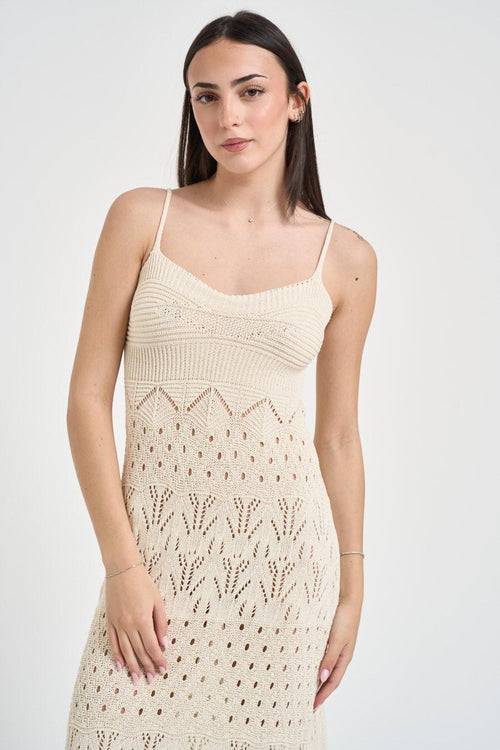 Abito donna lungo in maglia crochet ecru - 2