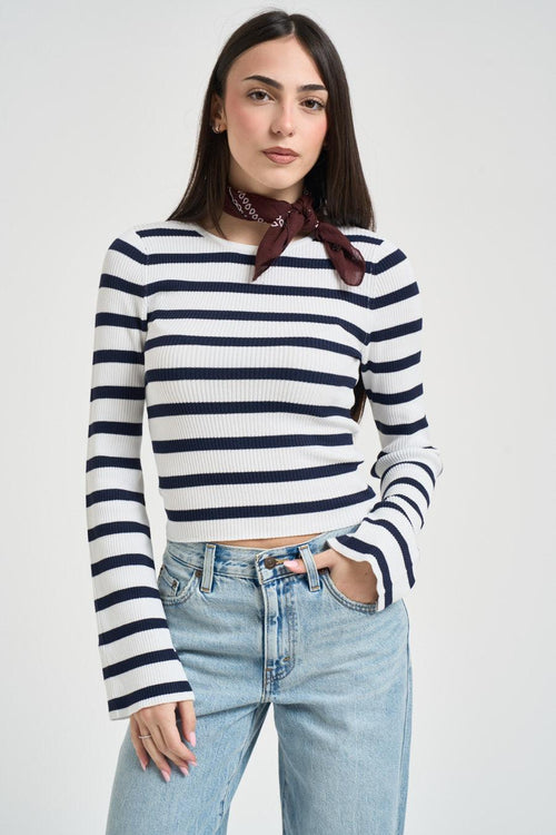 Maglia donna a costine bianca e blu